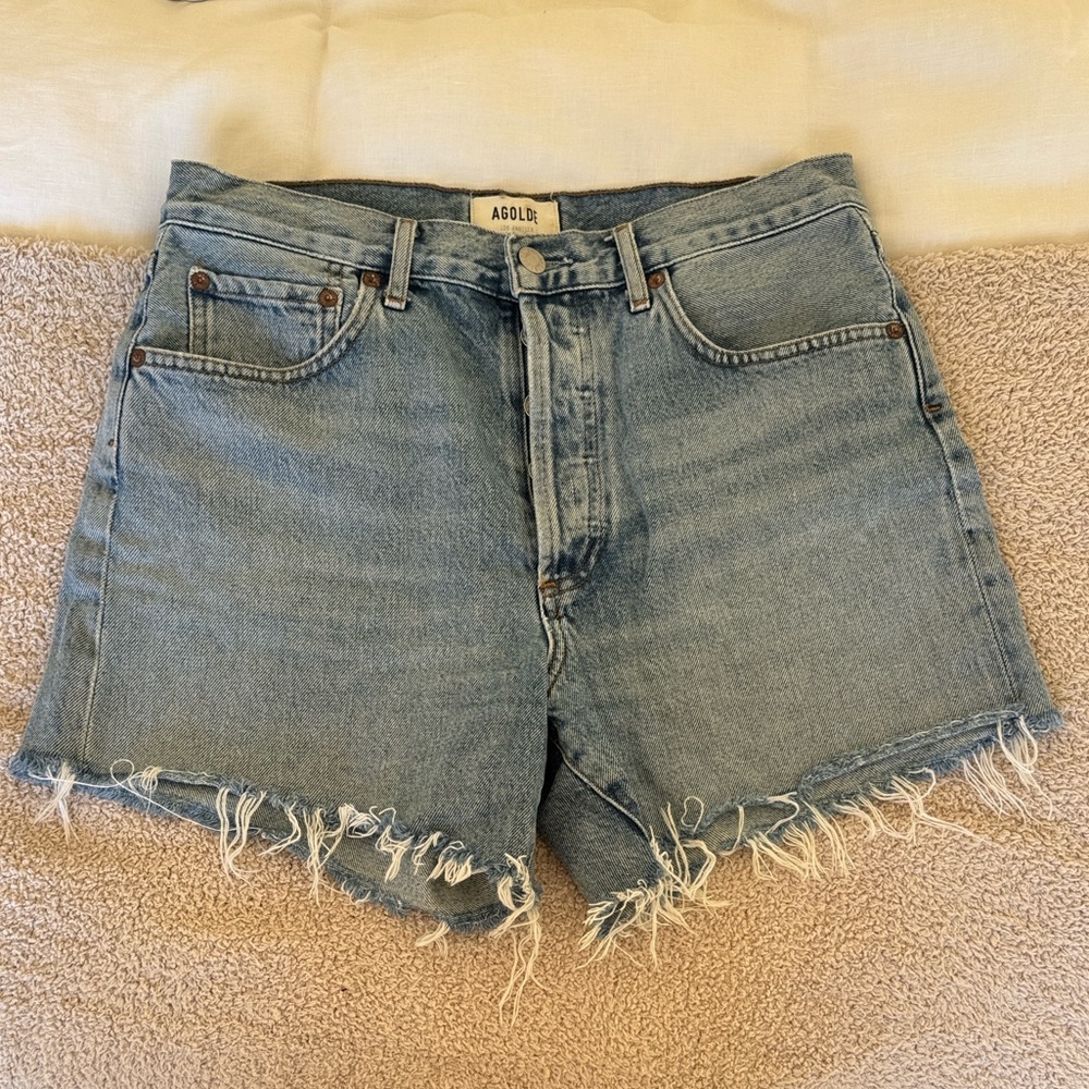 Agolde Light Blue Frayed Denim Shorts